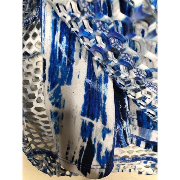 Ali Miles Blue White Abstract Mesh Overlay Tunic Top XL Beach Resort Wear Travel - Picture 10 of 16